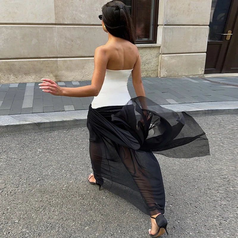 Lace Strapless See Through Patchwork Maxi Dress