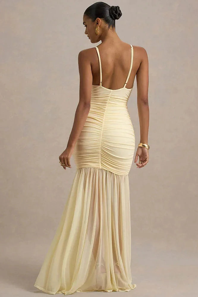 Spaghetti Strap Backless Patchwork V Neck Pleated Maxi Dress
