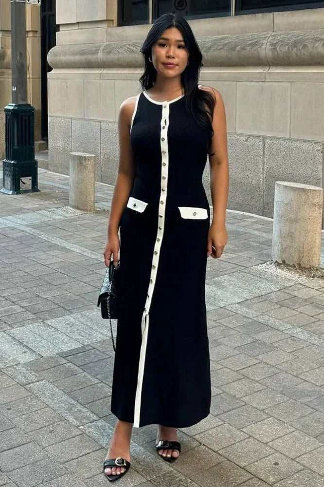 Sleeveless Patchwork High Waist Pocket Maxi Dress