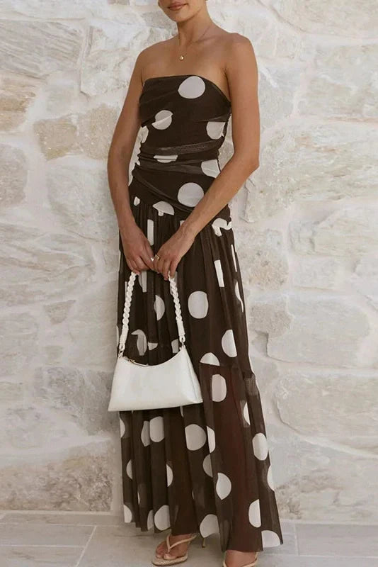 Sleeveless Pleated Printed Off-Shoulder Maxi Dress