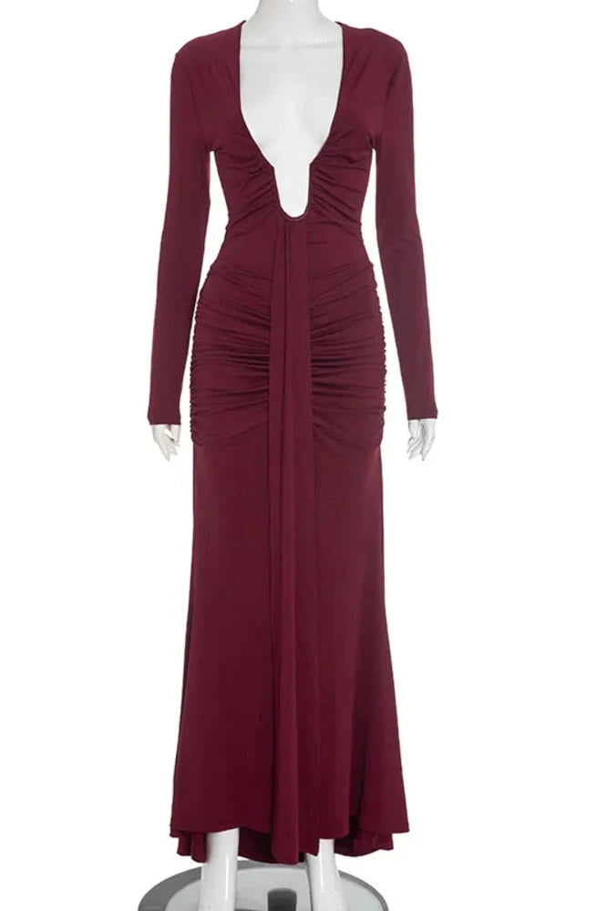 Deep V Neck Long Sleeve Bodycon Maxi Dress