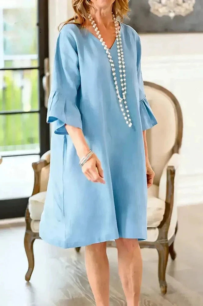 Half Sleeve V-Neck Loose Pleated A-Line Mini Dress