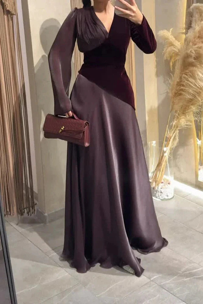 Long Sleeve V-Neck High Waist Pleated Maxi Dress