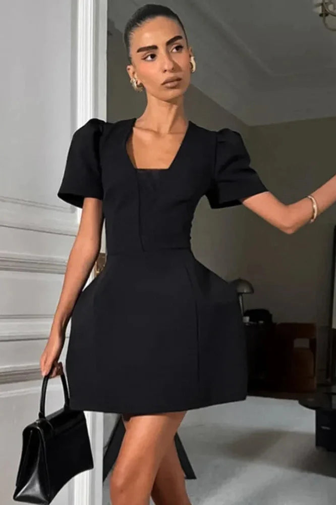 Square Collar Short Sleeve High Waist A-line Mini Dress