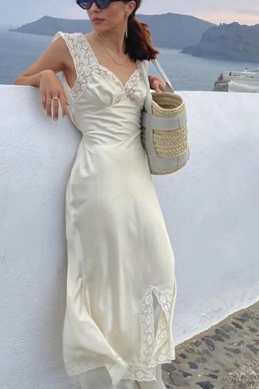 Elegant Lace Slit Loose Pleated Backless Sleeveless Midi Dress