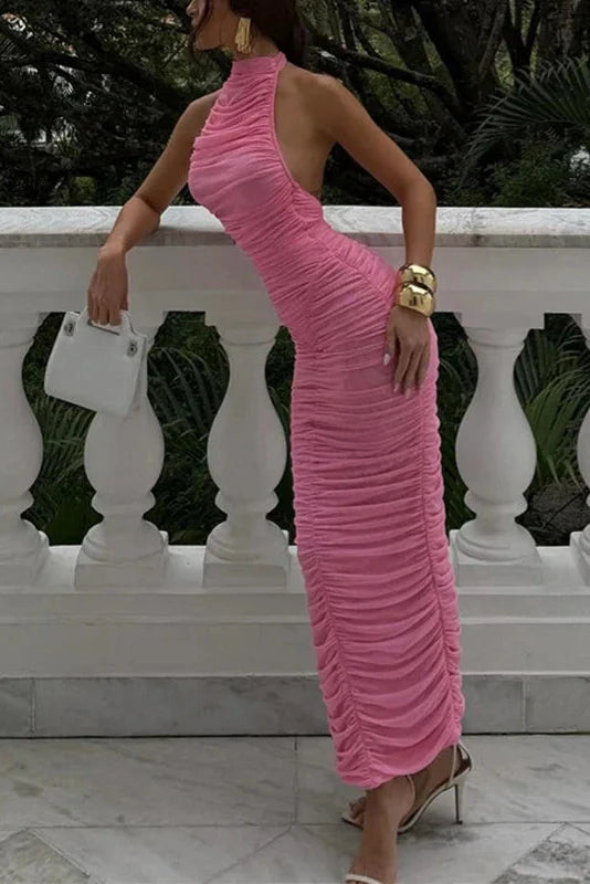 Sleeveless High Waist Backless Pleated Slim Maxi Dress