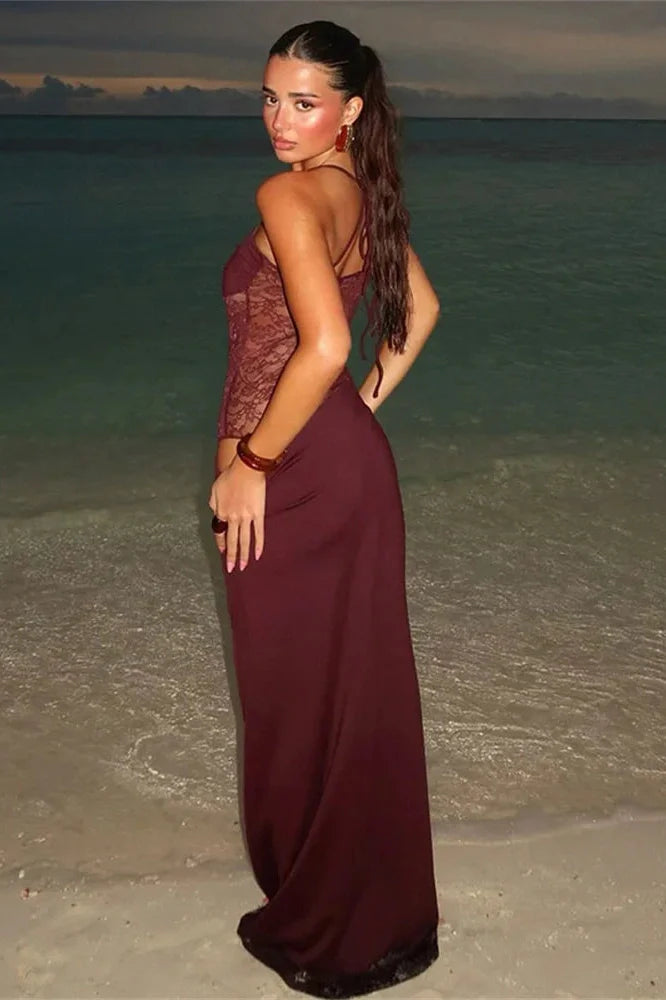 Lace Printed Backless Slim High Waist Patchwork Maxi Dress