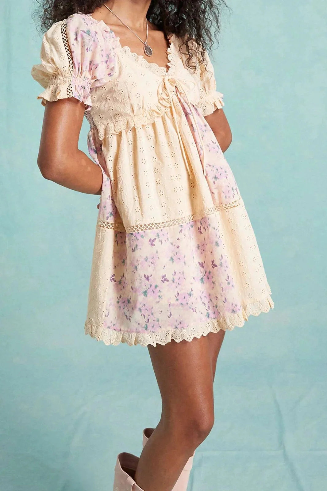 Floral Print V Neck Short Sleeve A-Line Mini Dress