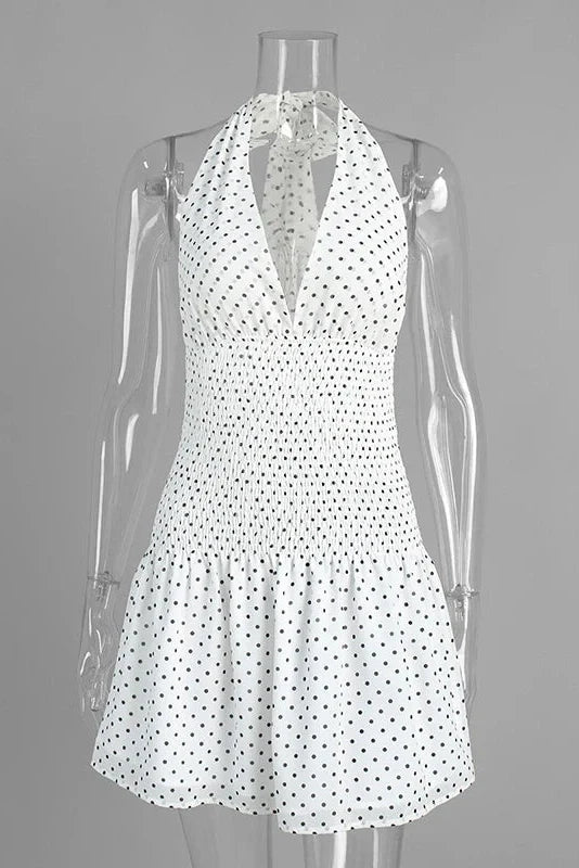 Polka Dot Lace-Up Pleated Waist Backless Mini Dress