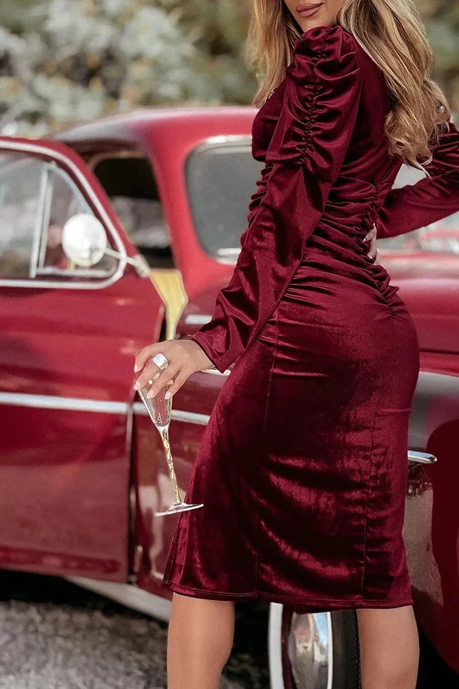 Long Sleeve High Waist Split V-Neck Pleated Midi Dress