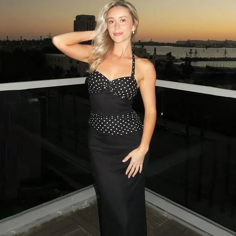 Polka Printed Lace-Up V-Neck Patchwork Maxi Dress