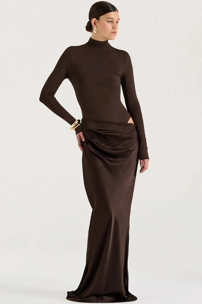 Hollow Out Long Sleeve Turtleneck Bodycon Maxi Dress