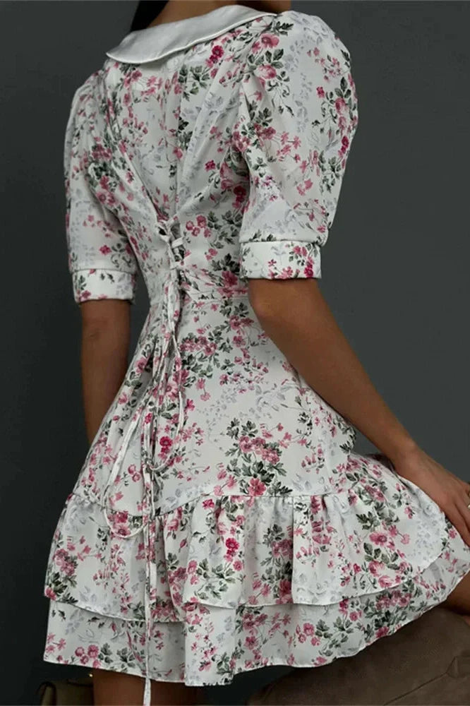 Printed V-Neck Short Sleeve Slim High Waist Mini Dress