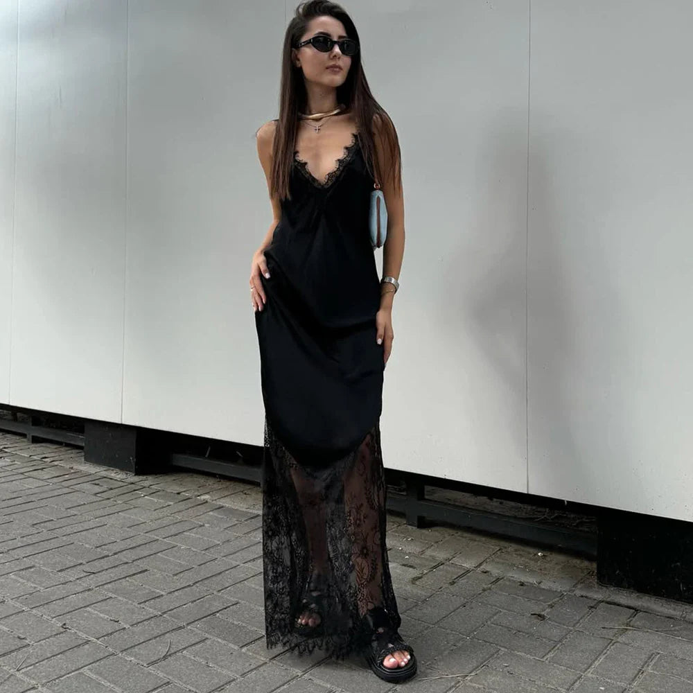 Lace Patchwork V Neck See Through Sleeveless Maxi Dress