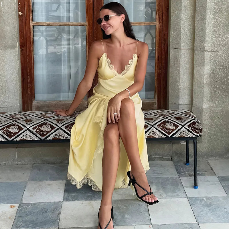 Lace Patchwork Backless Sleeveless Midi Dress