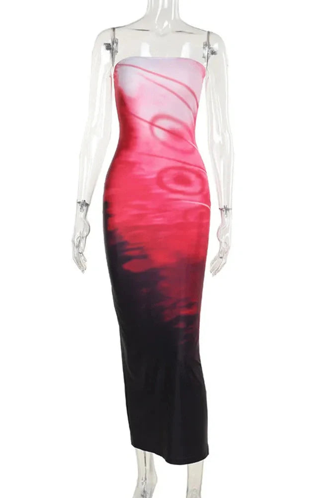 Strapless Print Off-shoulder Backless Midi Dress
