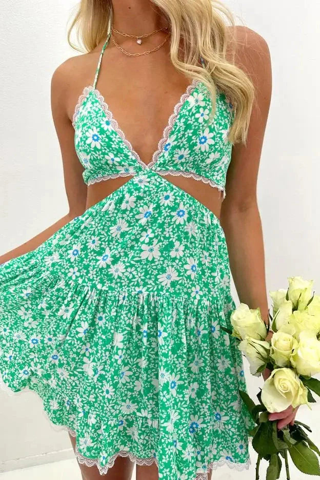 Spaghetti Strap Backless Lace Mini Dress