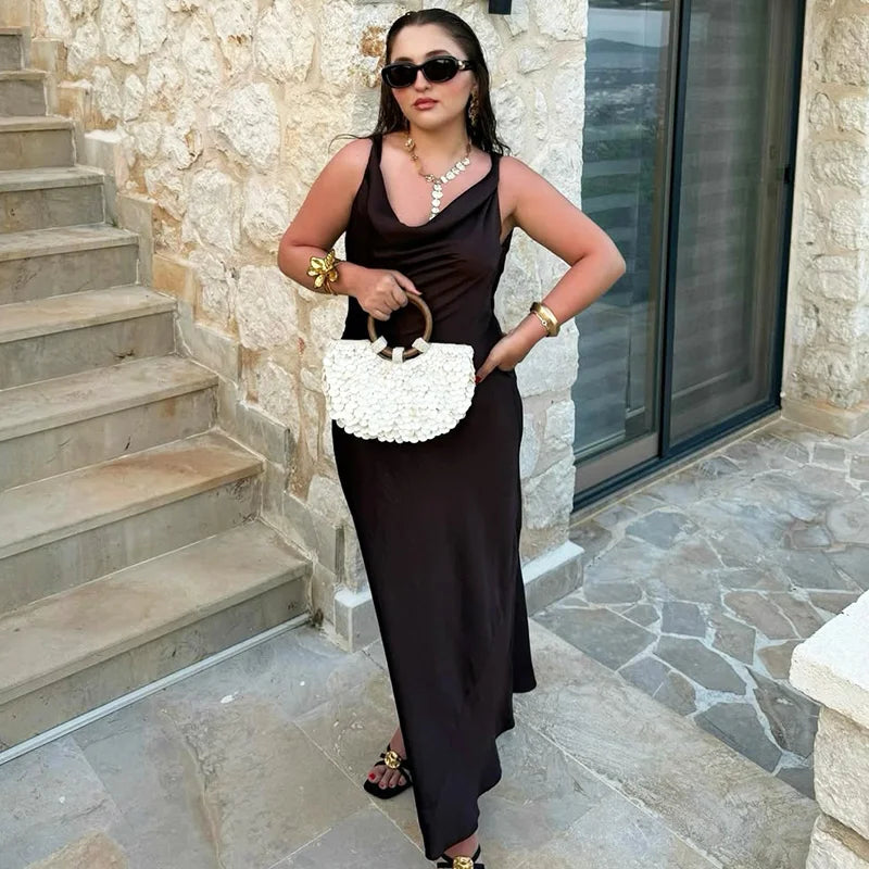 V Neck Lace Up Backless Sleeveless Maxi Dress