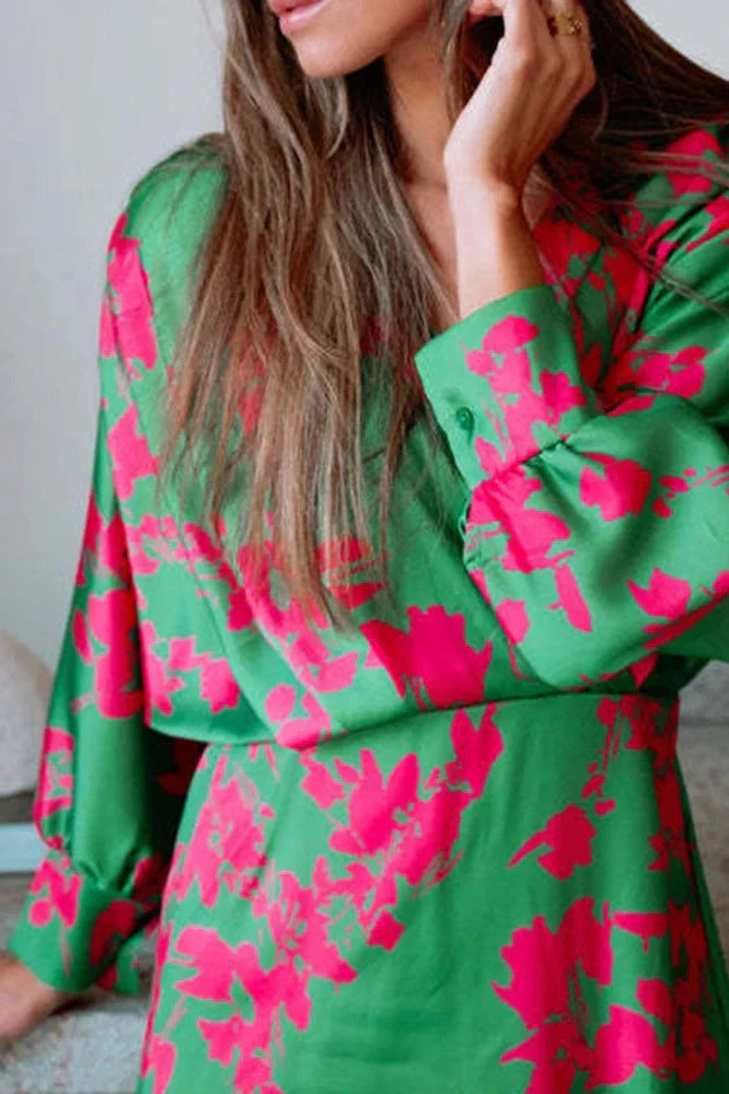Elegant Long Sleeve High Waist Printed V-Neck Maxi Dress