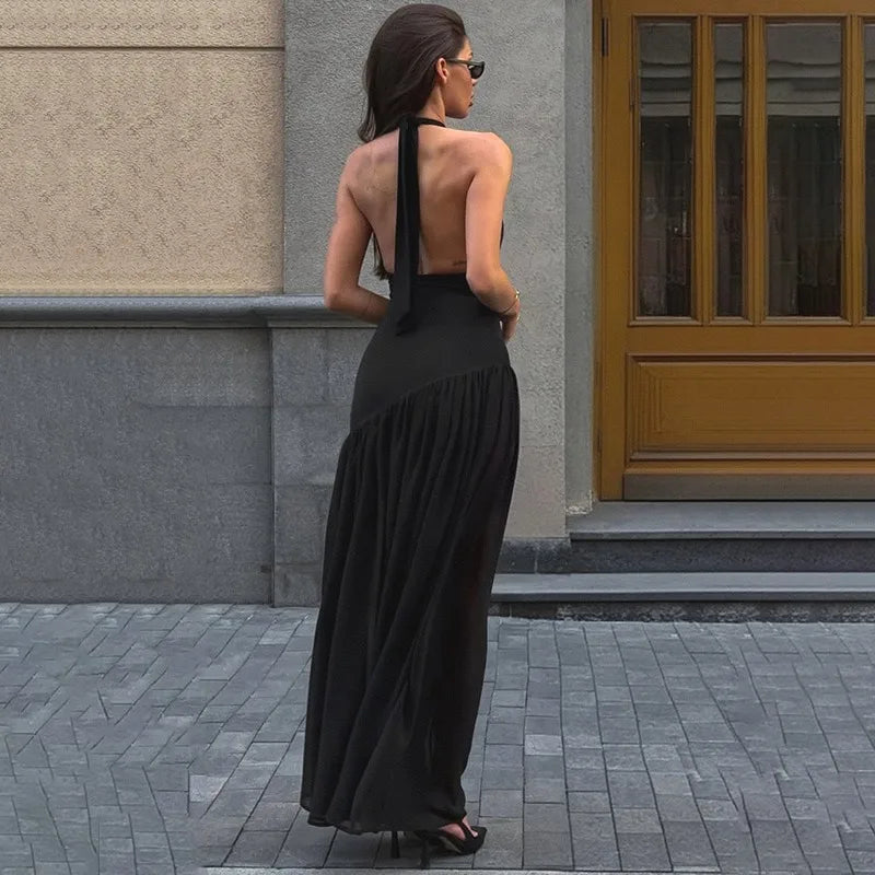 Off Shoulder Patchwork Lace-Up Maxi Dress