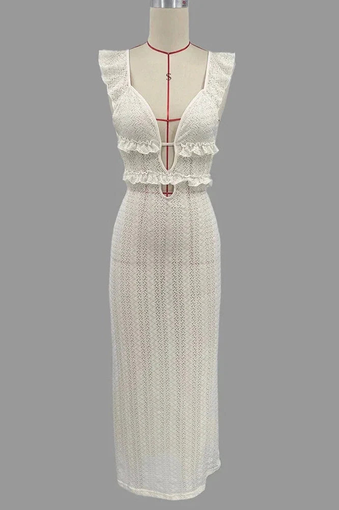 Deep V Neck Sleeveless See Through High Waist Knitted Maxi Dress