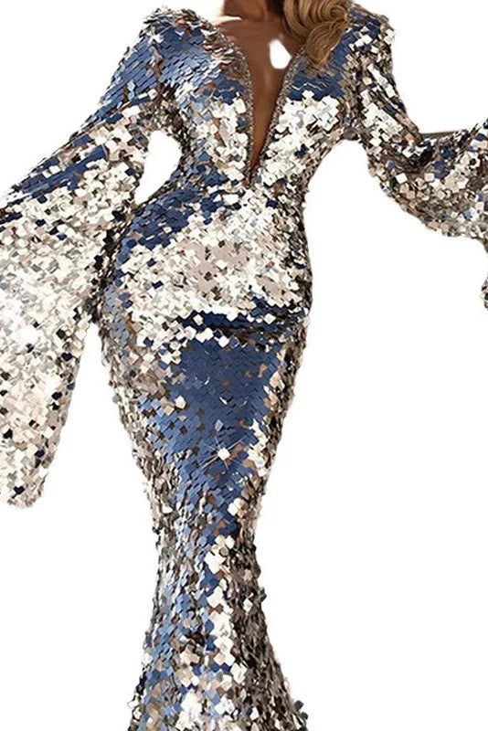Deep V Neck High Waist Flare Sleeves Slim Maxi Dress