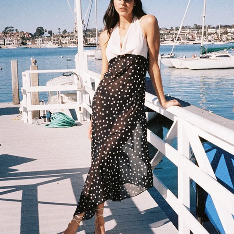 Polka Dot V-Neck Lace-Up Maxi Dress