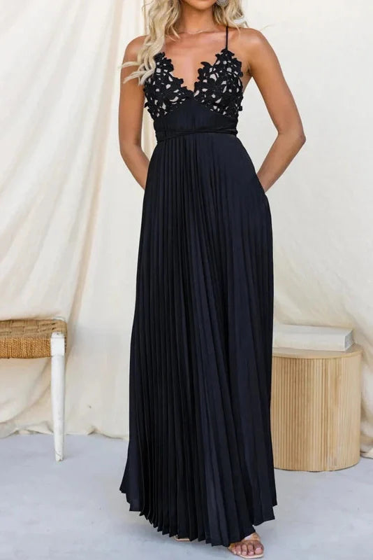 Backless Pleated Lace Sleeveless High Waist Maxi Dress