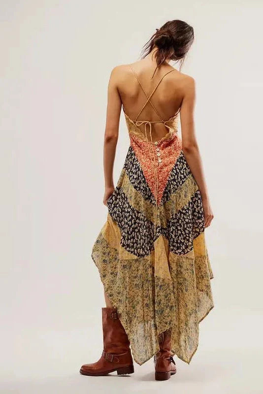 V-Neck Sleeveless Slim Backless Pleated Printed Irregular Maxi Dress