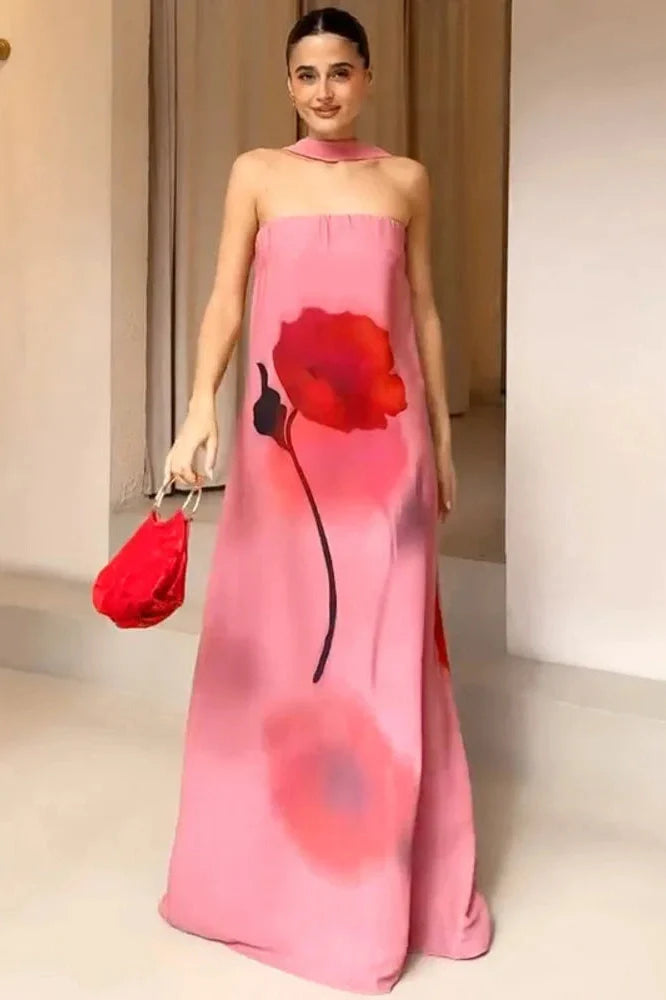 Printed Scarf Collar Off-Shoulder Sleeveless Backless Maxi Dress