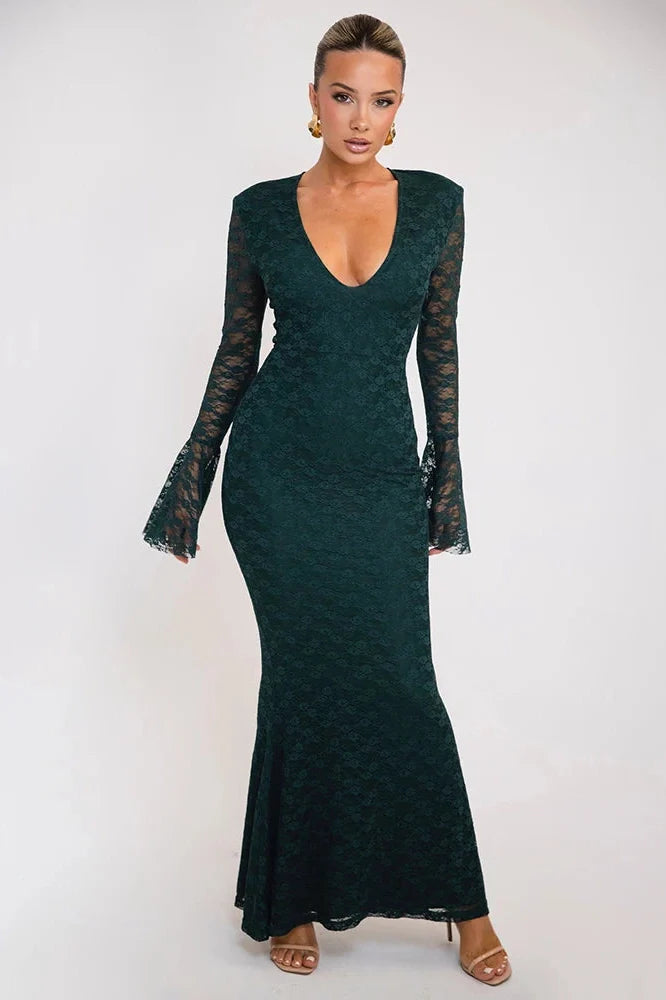 Elegant Lace Long Sleeve Deep V Neck Maxi Dress