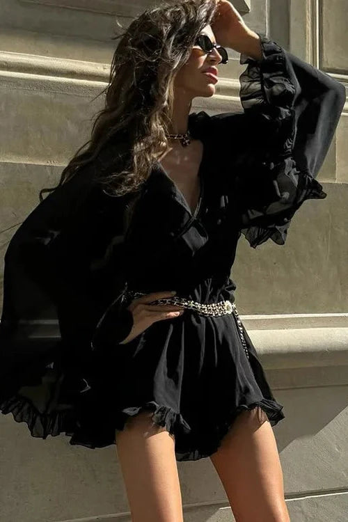 See-Through Long Sleeve Square Collar High Waist Pleated A-Line Mini Dress