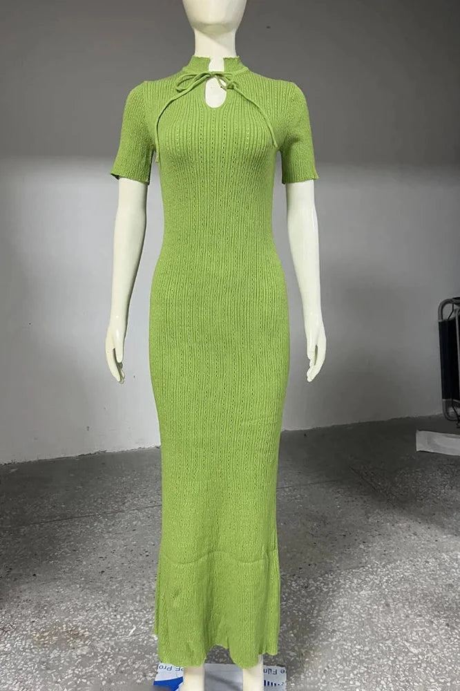 Hollow-Out Short Sleeve Knitted Slim High Waist Maxi Dress