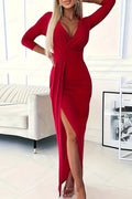 Elegant Slim Long Sleeve Split V-Neck High Waist Pleated Maxi Dress