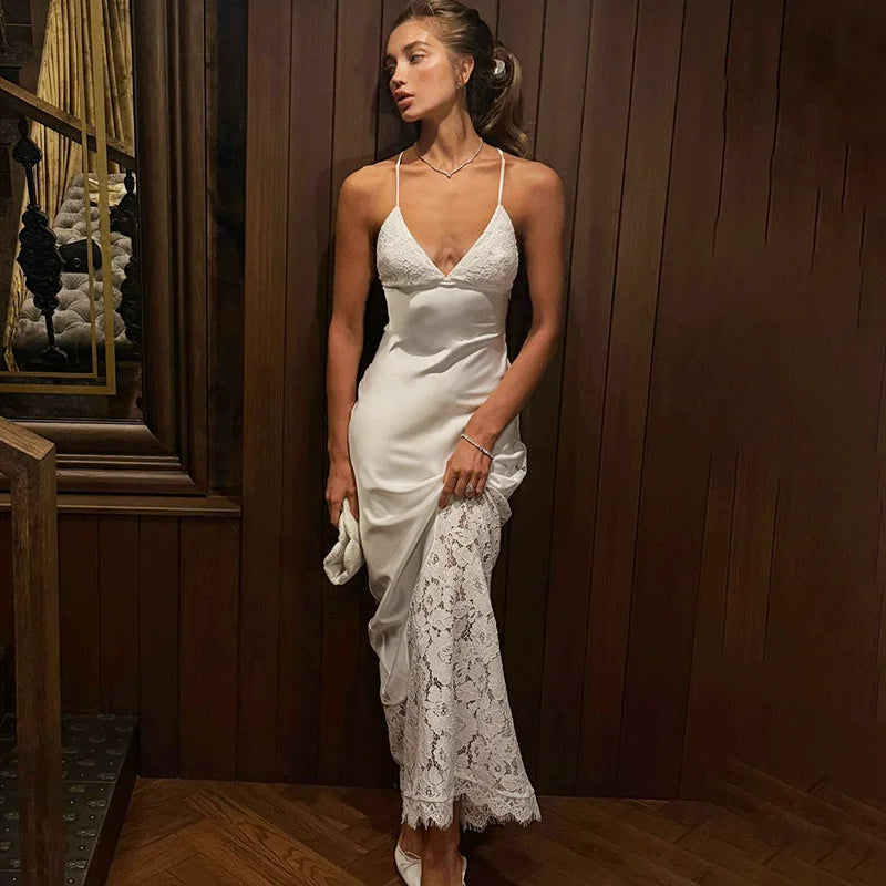 Lace Deep V-Neck Hollow Out High Waist Maxi Dress