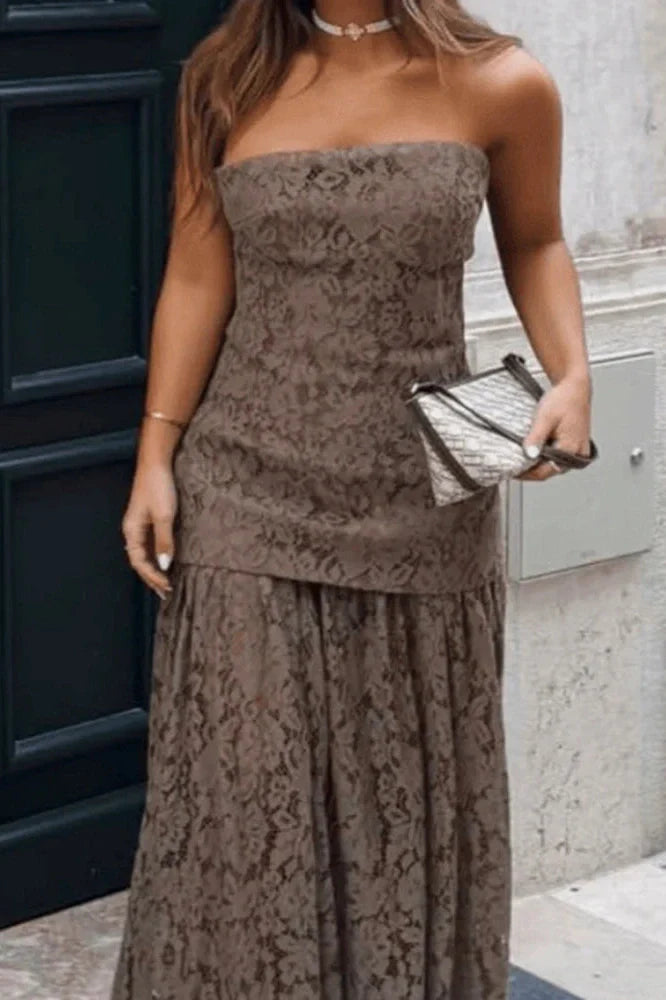 Hollow Out Off-Shoulder Lace Pleated High Waist Maxi Dress
