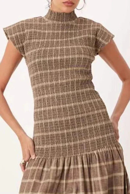 O-Neck Short Sleeve High Waist Pleated Printed Slim Maxi Dress