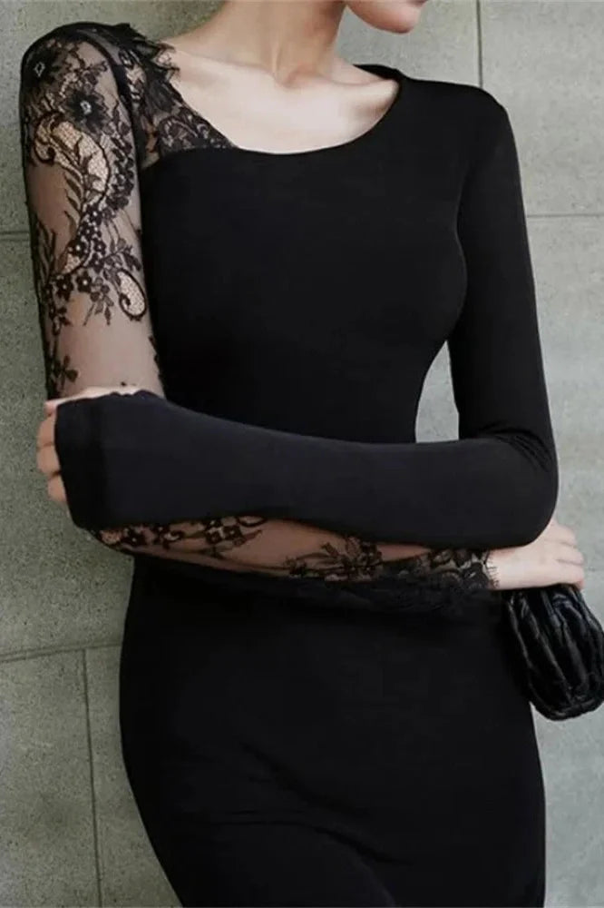 Lace Printed See-Through Long Sleeve Maxi Dress