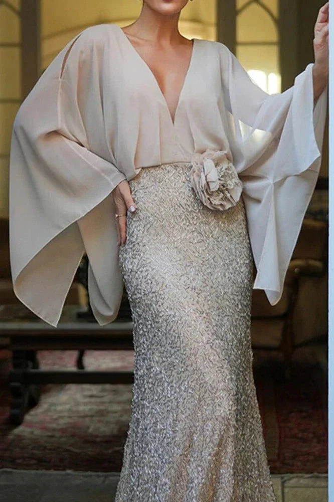 Elegant V-Neck Sleeve High Waist Maxi Dress