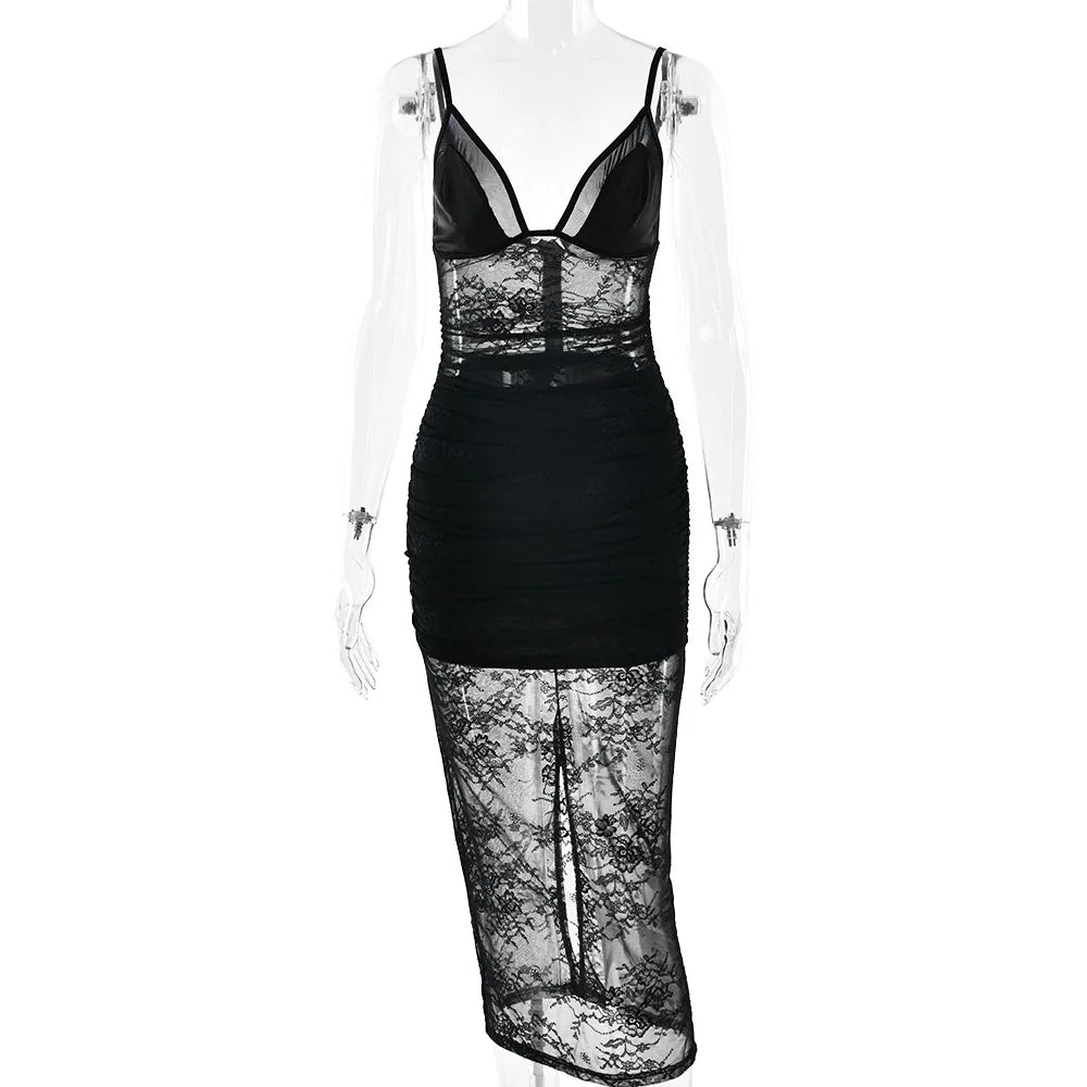 Lace See Through Split Patchwork Midi Dress
