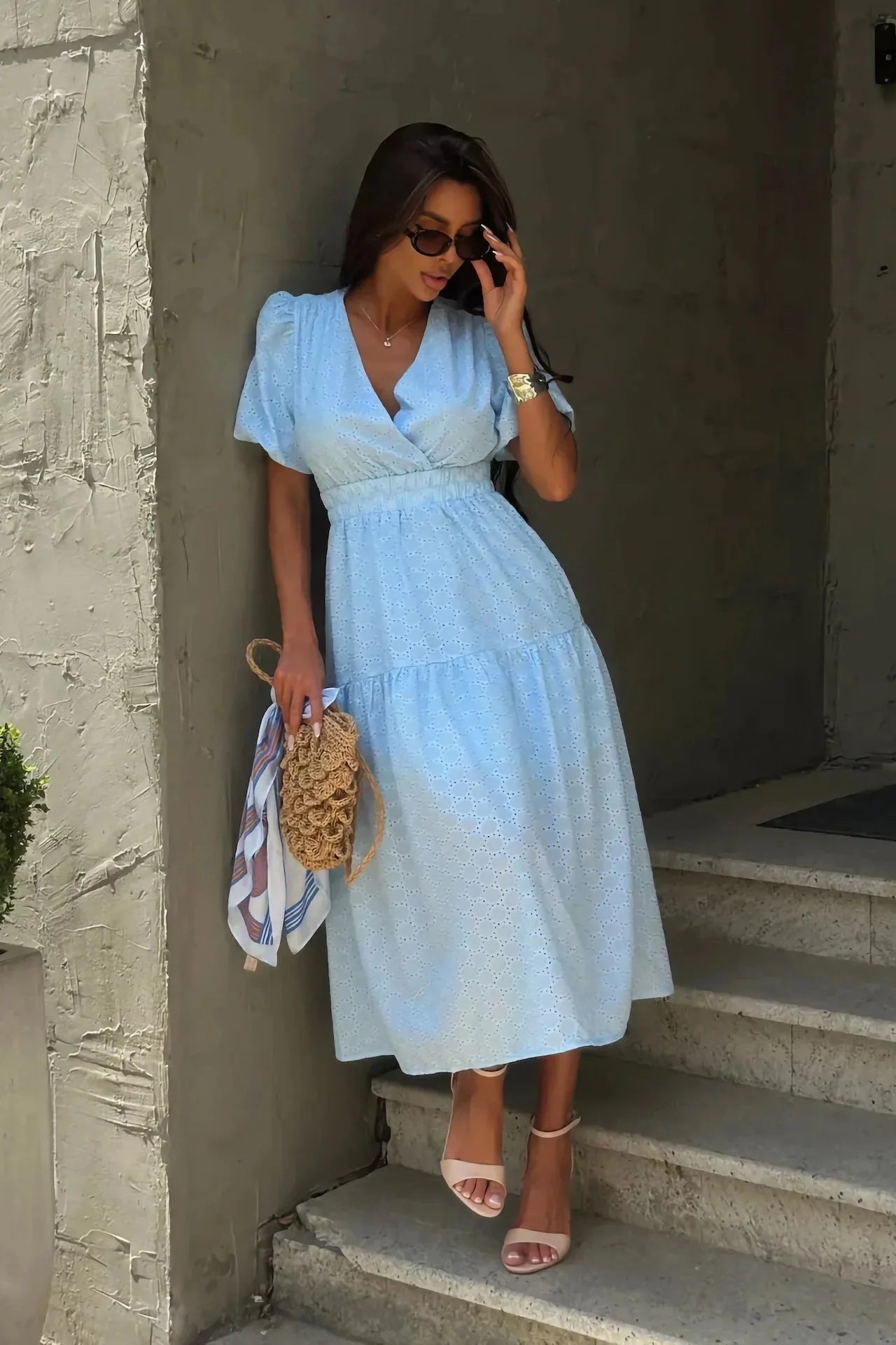 V-Neck Short Sleeve Patchwork Printed Slim Midi Dress