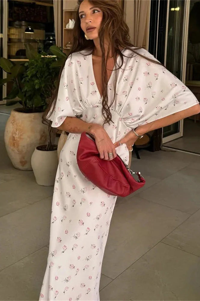 Printed V-Neck High Waist Slim Maxi Dress