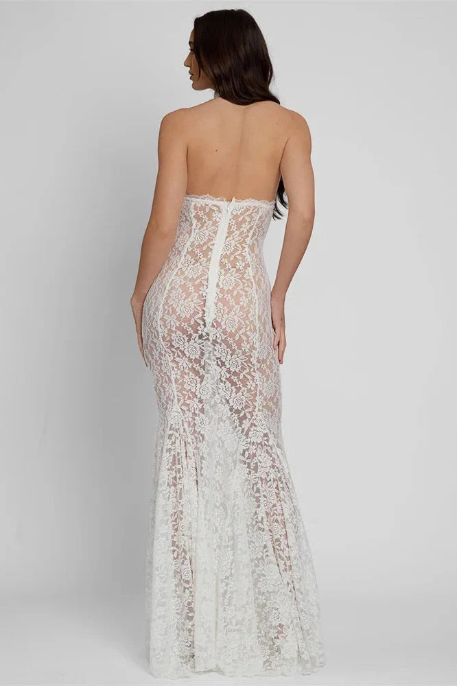 Lace Printed Backless See-Through Patchwork Maxi Dress
