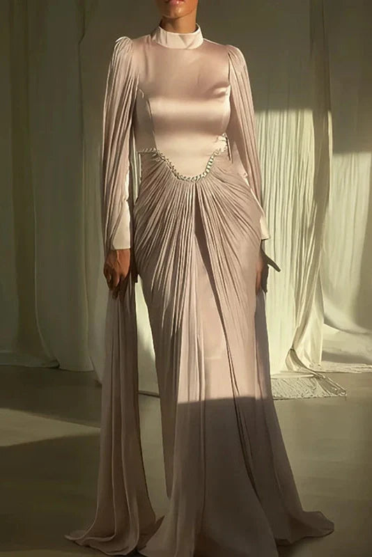 Long Sleeve High Waist O-Neck Pleated Maxi Dress