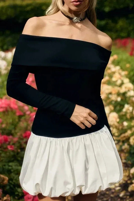 Elegant Off-Shoulder Patchwork Long Sleeve Slim Mini Dress