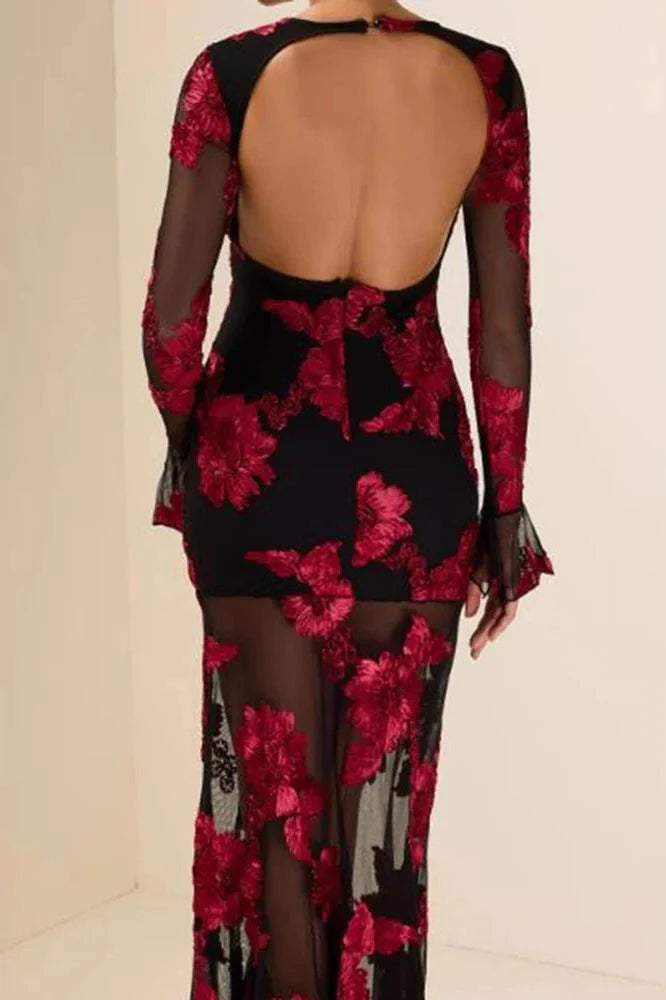 Lace Embroidery Floral Fit See-Through Backless High Waist Maxi Dress