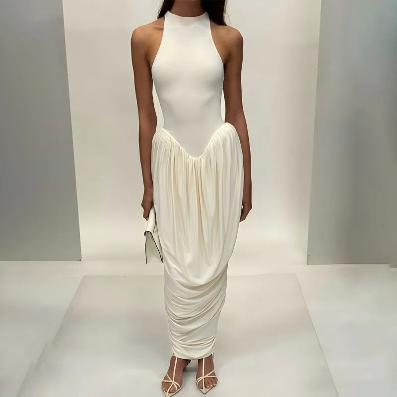 Elegant  Pleated High Neck Slit Maxi Dress