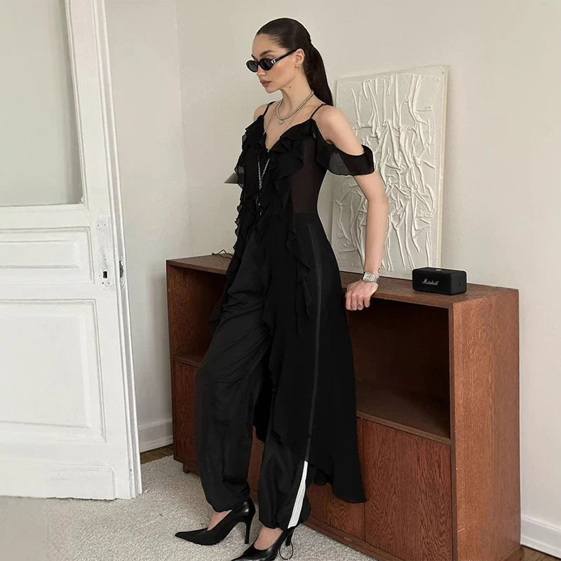 V Neck See-Through Sleeveless Irregular Midi Dress