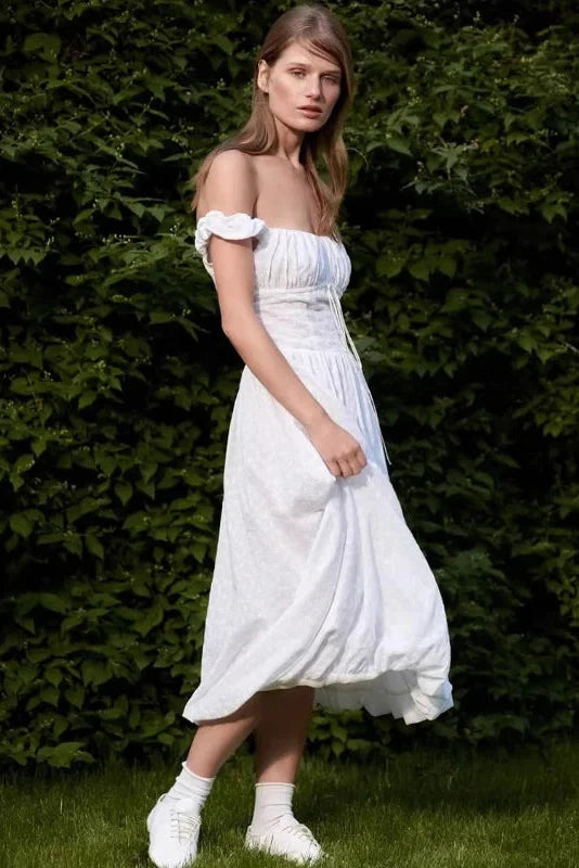 Hollow Embroidery Off-Shoulder Slim Midi Dress