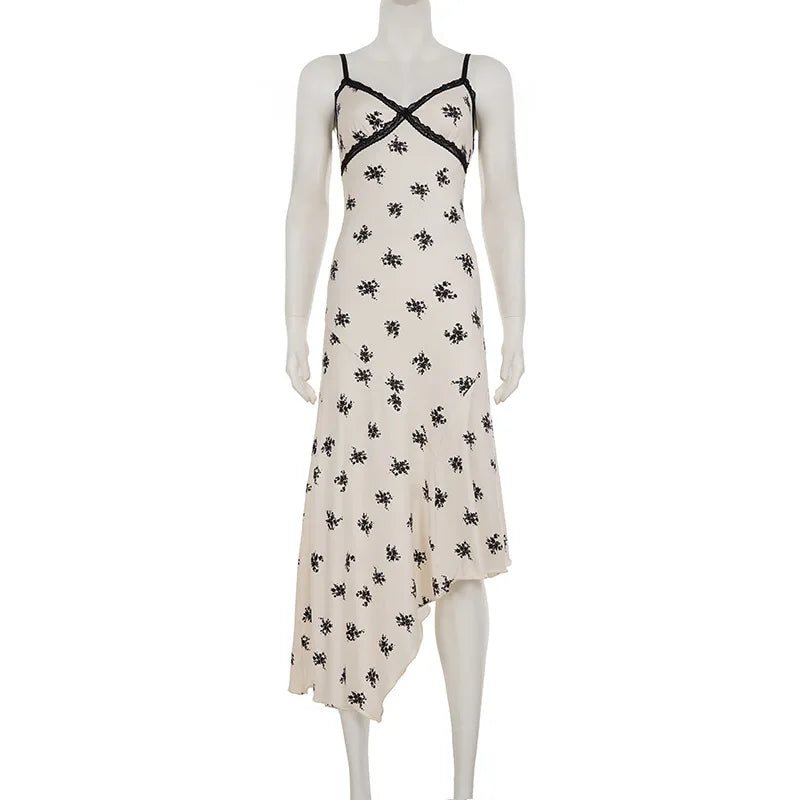 Lace Printed V Neck Spaghetti Strap Slim Midi Dress
